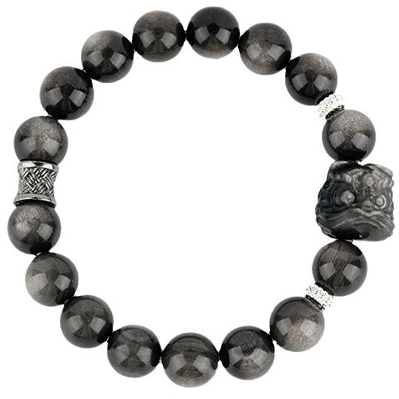Buddha Stones Natural Silver Sheen Obsidian Lion Dance Protection Bracelet