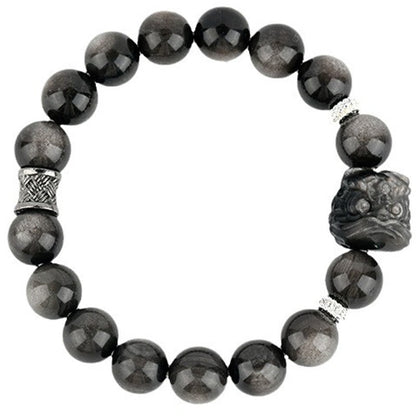 Buddha Stones Natural Silver Sheen Obsidian Lion Dance Protection Bracelet