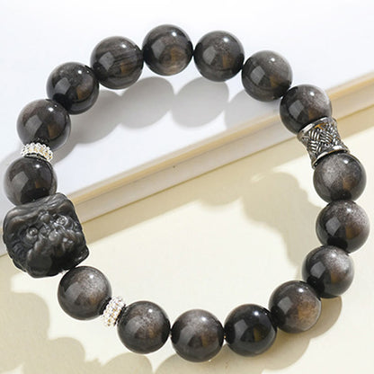 Buddha Stones Natural Silver Sheen Obsidian Lion Dance Protection Bracelet