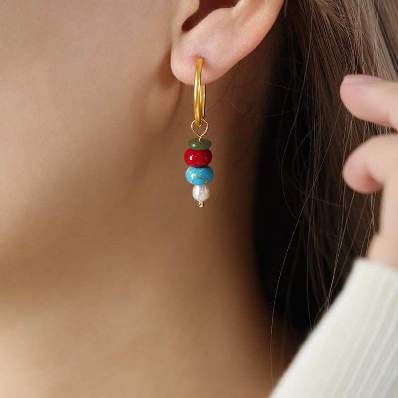 Satori Totem Tibetan Marnyi Stone Design Natural Red Agate Pearl Titanium Steel Earrings