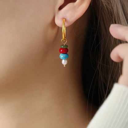 Satori Totem Tibetan Marnyi Stone Design Natural Red Agate Pearl Titanium Steel Earrings