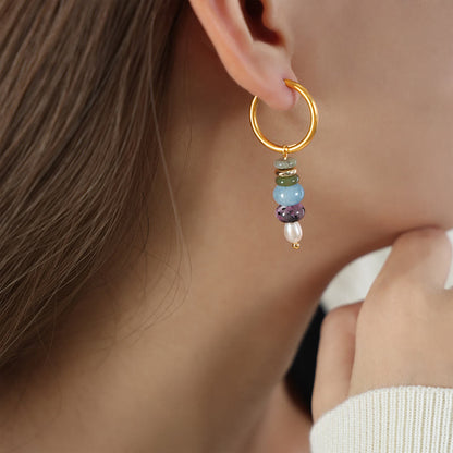 Satori Totem Tibetan Marnyi Stone Design Natural Red Agate Pearl Titanium Steel Earrings