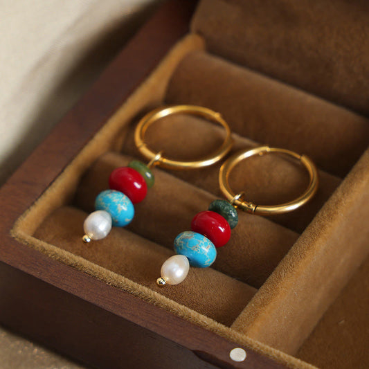 Satori Totem Tibetan Marnyi Stone Design Natural Red Agate Pearl Titanium Steel Earrings