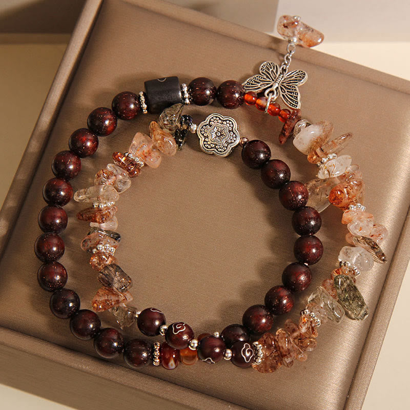 Satori Totem Natural Rutilated Quartz Small Leaf Red Sandalwood Bracelet