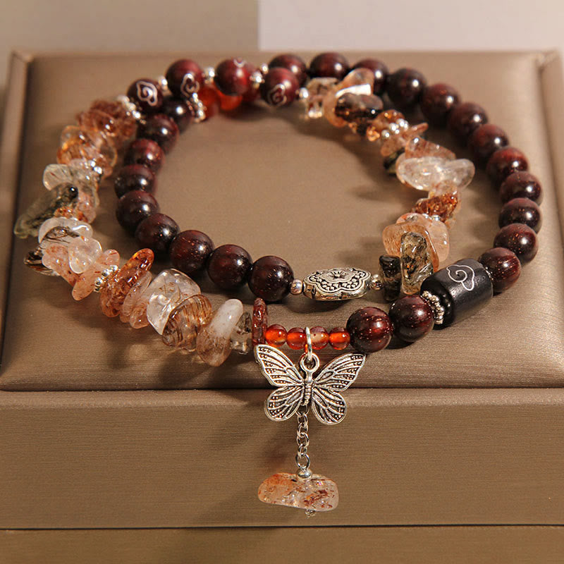Satori Totem Natural Rutilated Quartz Small Leaf Red Sandalwood Bracelet