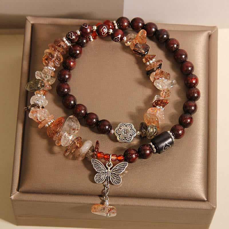 Satori Totem Natural Rutilated Quartz Small Leaf Red Sandalwood Bracelet