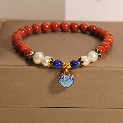 Satori Totem Natural South Red Agate Pearl Peace Lock Charm Bracelet