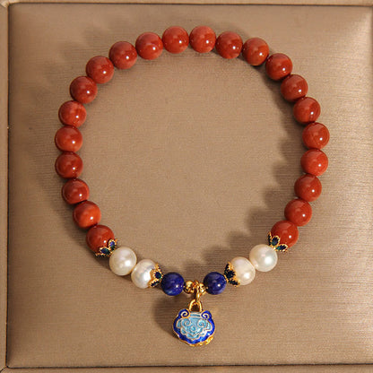 Satori Totem Natural South Red Agate Pearl Peace Lock Charm Bracelet