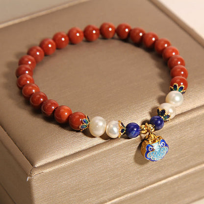 Satori Totem Natural South Red Agate Pearl Peace Lock Charm Bracelet