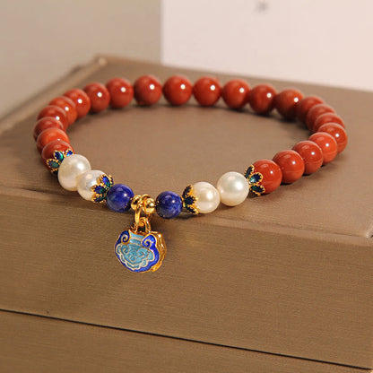 Satori Totem Natural South Red Agate Pearl Peace Lock Charm Bracelet