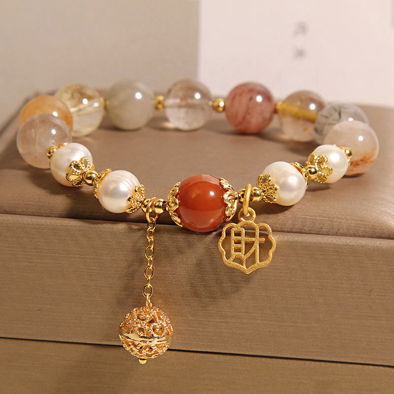 Satori Totem Natural Rutilated Quartz Pearl Attract Fortune Bracelet