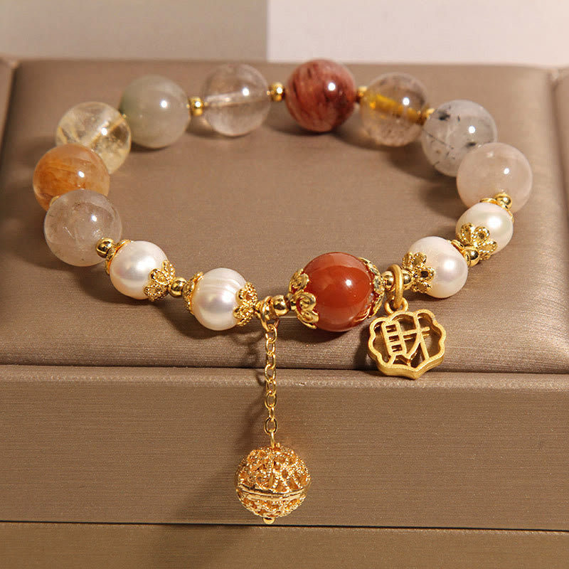 Satori Totem Natural Rutilated Quartz Pearl Attract Fortune Bracelet