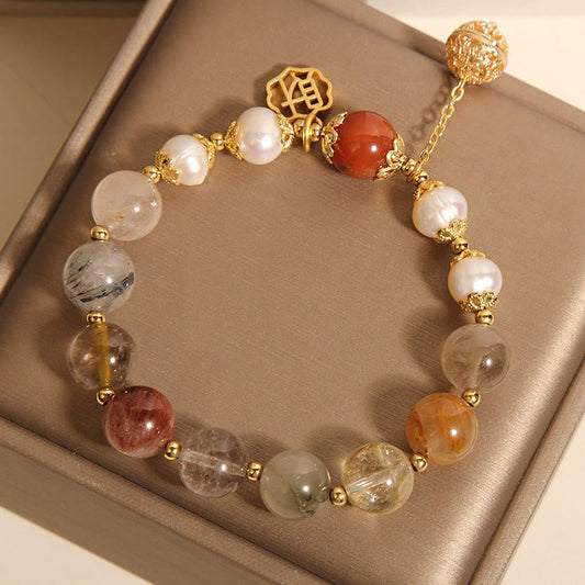 Satori Totem Natural Rutilated Quartz Pearl Attract Fortune Bracelet