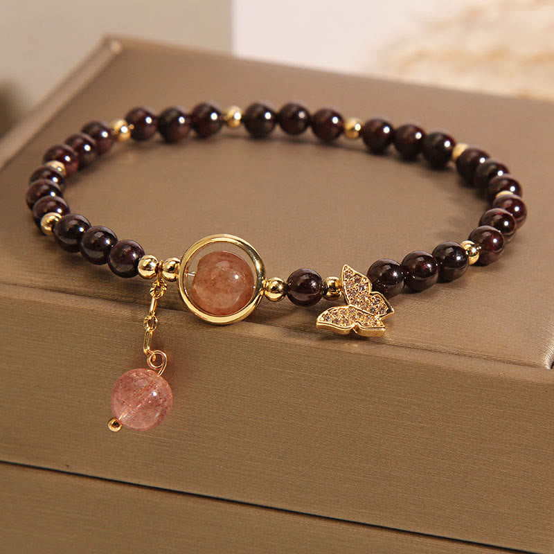 SatoriTotem Natural Garnet Strawberry Quartz Butterfly Bracelet