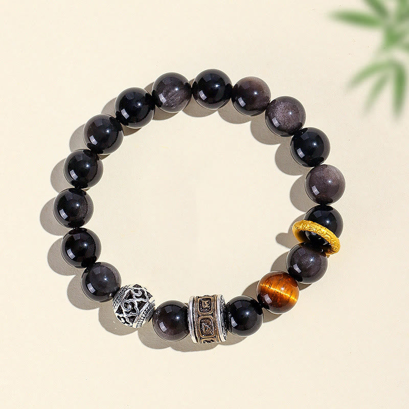 Satori Totem Silver Obsidian Tiger's Eye Om Mani Padme Hum Protection Bracelet