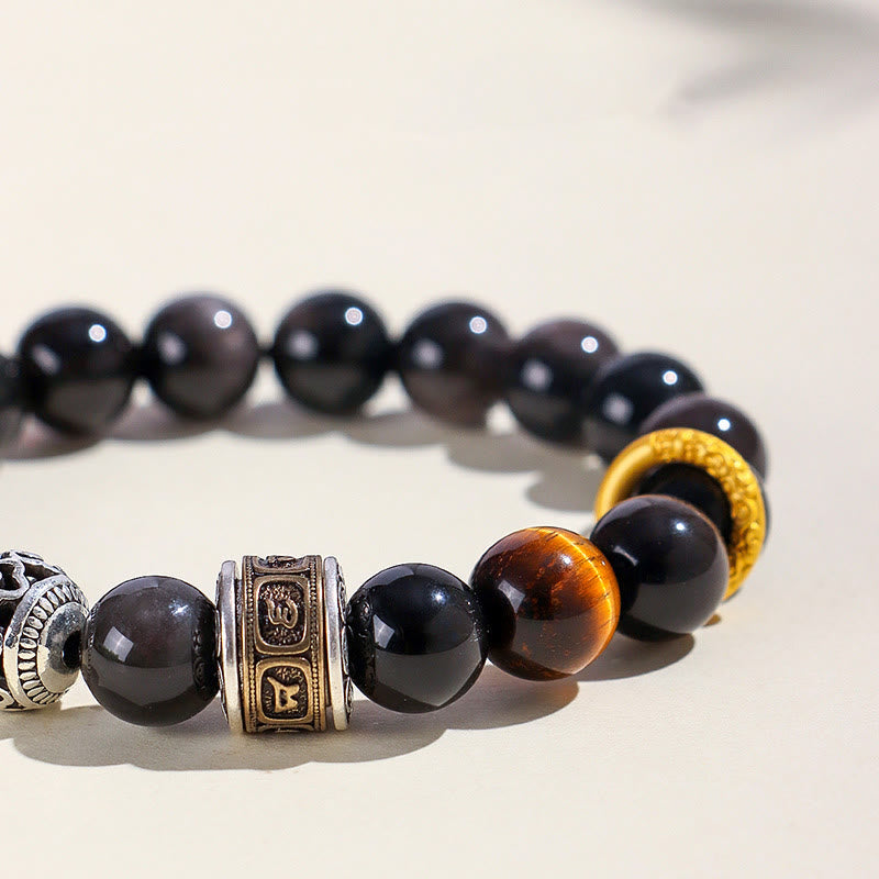 Satori Totem Silver Obsidian Tiger's Eye Om Mani Padme Hum Protection Bracelet