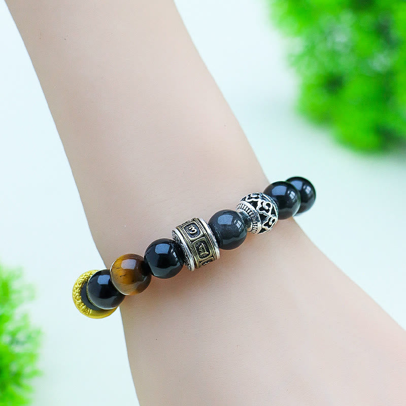 Satori Totem Silver Obsidian Tiger's Eye Om Mani Padme Hum Protection Bracelet