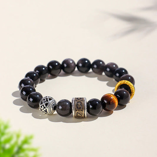 Satori Totem Silver Obsidian Tiger's Eye Om Mani Padme Hum Protection Bracelet