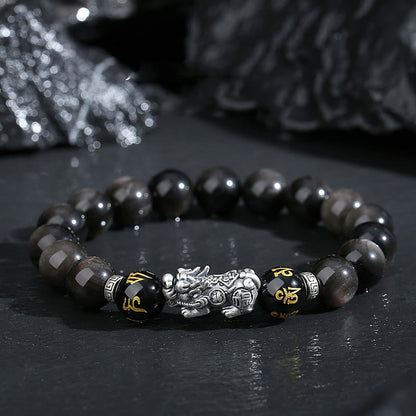 Satori Totem Sterling Silver Pixiu Natural Obsidian Strength Bracelet