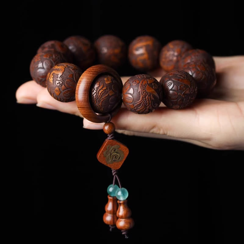 Satori Totem Natural Carving Dragon And Phoenix Fu Character Gourd Rosewood Beads  Warmth Bracelet