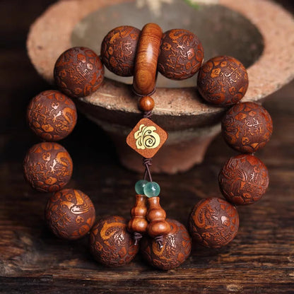 Satori Totem Natural Carving Dragon And Phoenix Fu Character Gourd Rosewood Beads  Warmth Bracelet