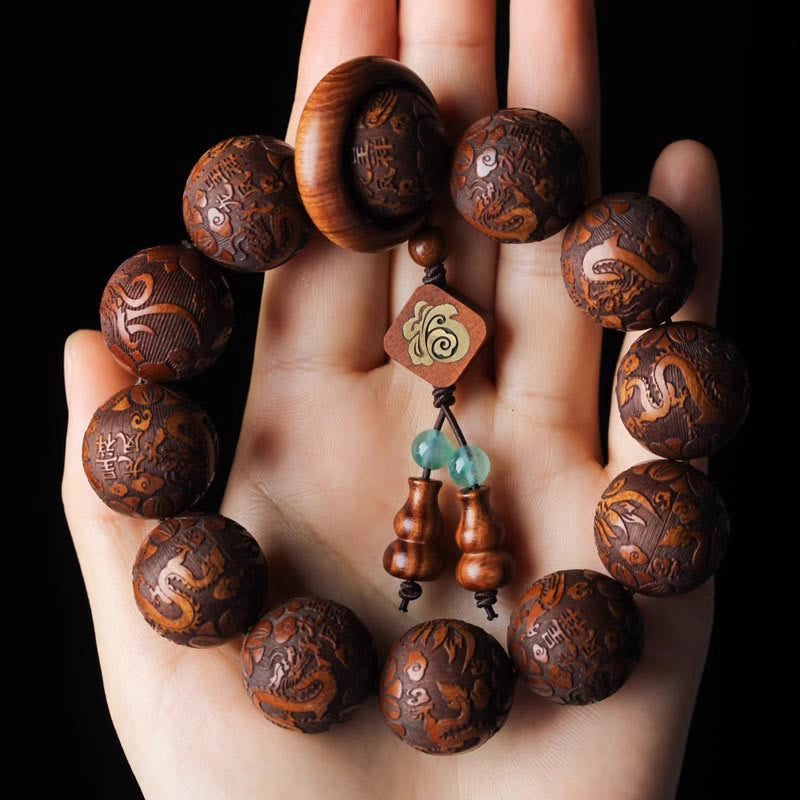 Satori Totem Natural Carving Dragon And Phoenix Fu Character Gourd Rosewood Beads  Warmth Bracelet