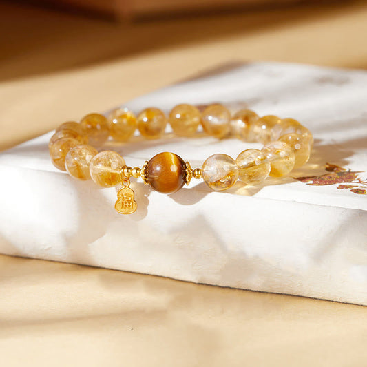 Satori Totem Sterling Silver Gourd Fu Character Citrine Tiger's Eye Prosperity Bracelet