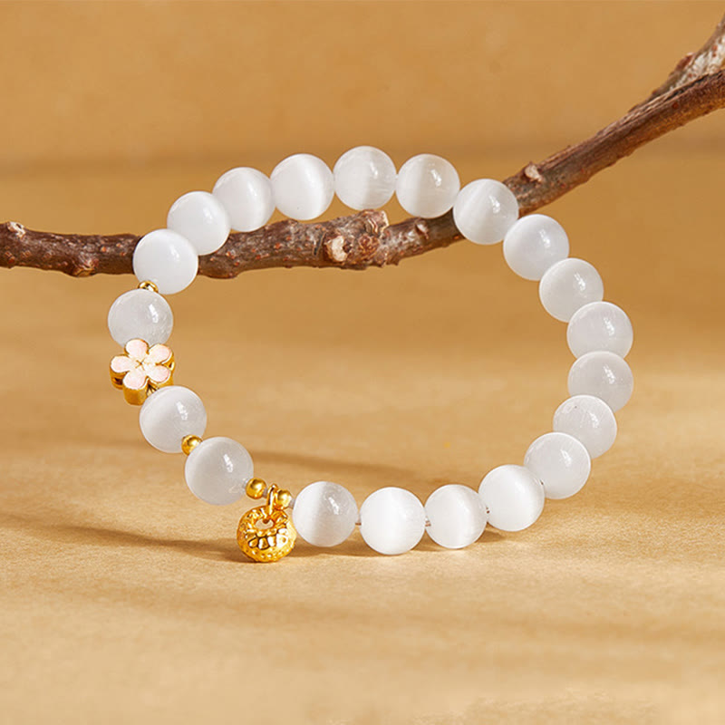 Satori Totem Sterling Silver Natural Peach Blossom White Cat's Eye Bracelet