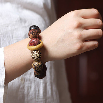 Satori Totem Carving Sandalwood Chinese Zodiac Auspicious Dragon Phoenix Fu Character Healing Bracelet