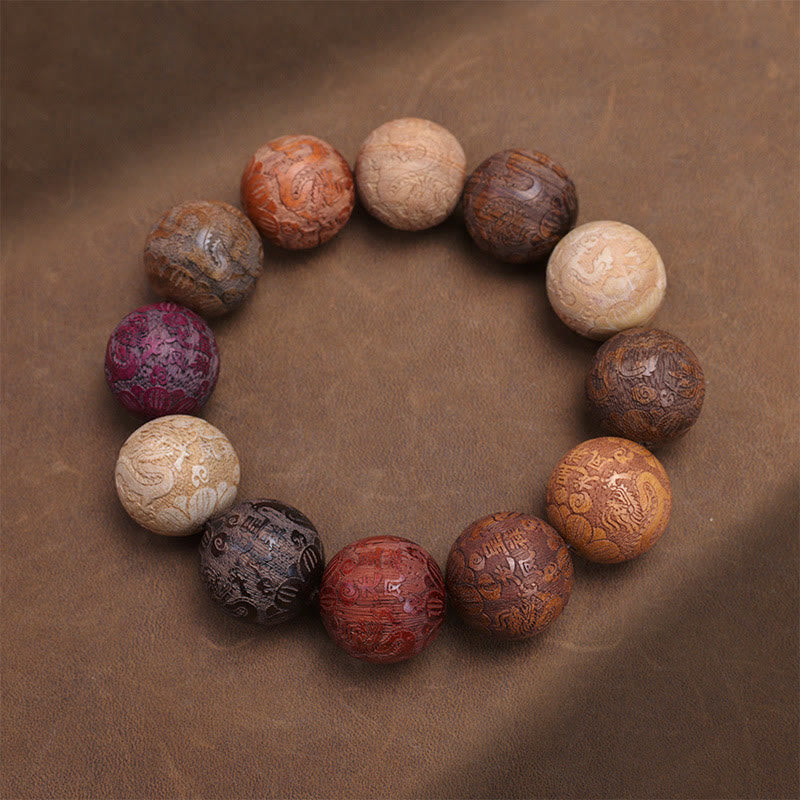 Satori Totem Carving Sandalwood Chinese Zodiac Auspicious Dragon Phoenix Fu Character Healing Bracelet
