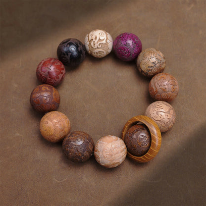 Satori Totem Carving Sandalwood Chinese Zodiac Auspicious Dragon Phoenix Fu Character Healing Bracelet