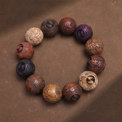Satori Totem Carving Sandalwood Chinese Zodiac Auspicious Dragon Phoenix Fu Character Healing Bracelet