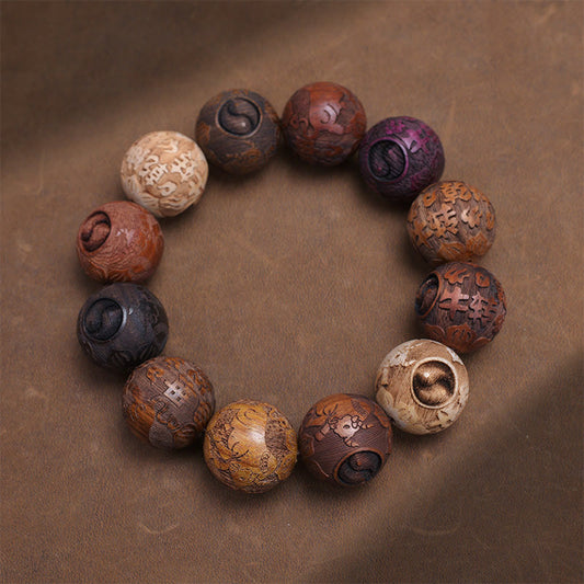 Satori Totem Carving Sandalwood Chinese Zodiac Auspicious Dragon Phoenix Fu Character Healing Bracelet