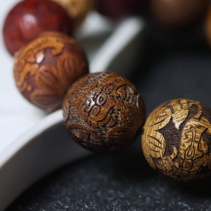 Satori Totem Carving Sandalwood Chinese Zodiac Auspicious Dragon Phoenix Fu Character Healing Bracelet