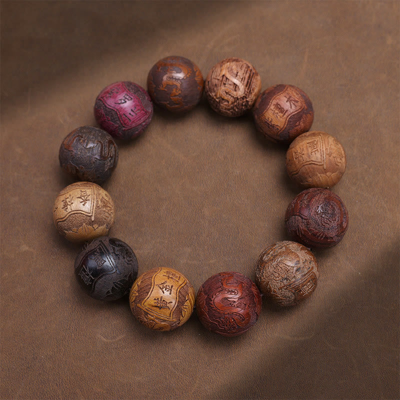 Satori Totem Carving Sandalwood Chinese Zodiac Auspicious Dragon Phoenix Fu Character Healing Bracelet