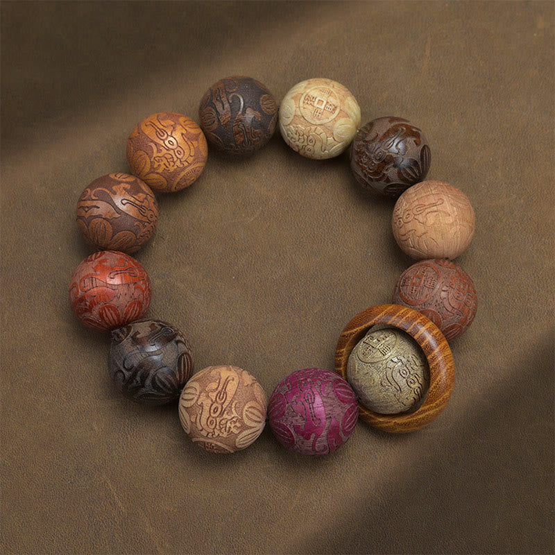 Satori Totem Carving Sandalwood Chinese Zodiac Auspicious Dragon Phoenix Fu Character Healing Bracelet