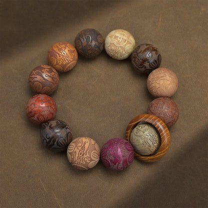 Satori Totem Carving Sandalwood Chinese Zodiac Auspicious Dragon Phoenix Fu Character Healing Bracelet