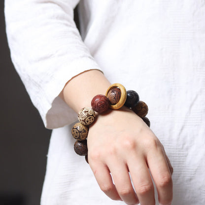 Satori Totem Carving Sandalwood Chinese Zodiac Auspicious Dragon Phoenix Fu Character Healing Bracelet