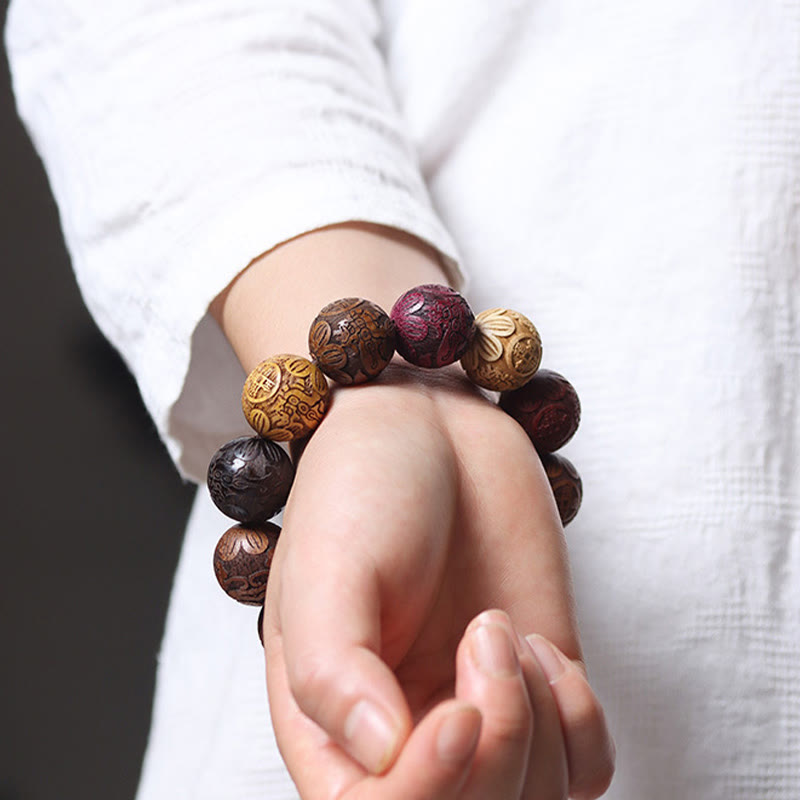 Satori Totem Carving Sandalwood Chinese Zodiac Auspicious Dragon Phoenix Fu Character Healing Bracelet