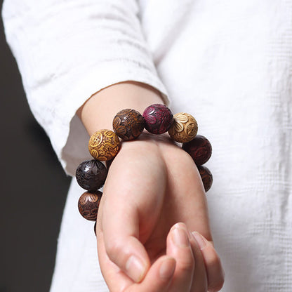 Satori Totem Carving Sandalwood Chinese Zodiac Auspicious Dragon Phoenix Fu Character Healing Bracelet