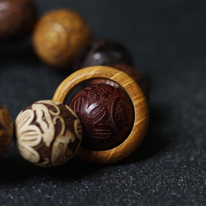 Satori Totem Carving Sandalwood Chinese Zodiac Auspicious Dragon Phoenix Fu Character Healing Bracelet