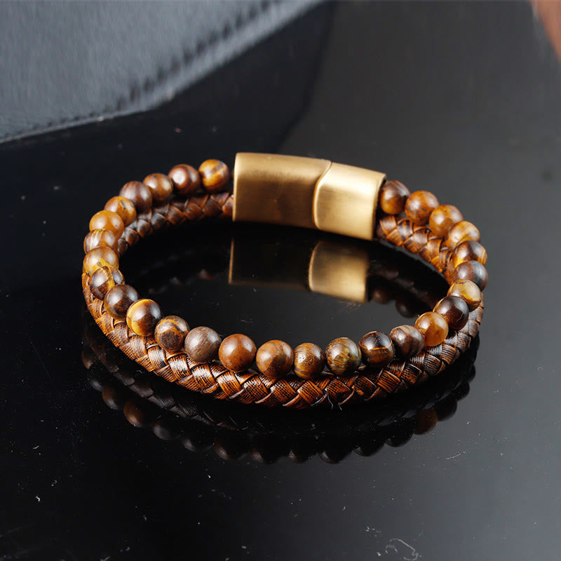 Satori Totem Multi-layer Woven Tiger Eye Stone Beads Leather Titanium Steel Strength Buckle Bracelet