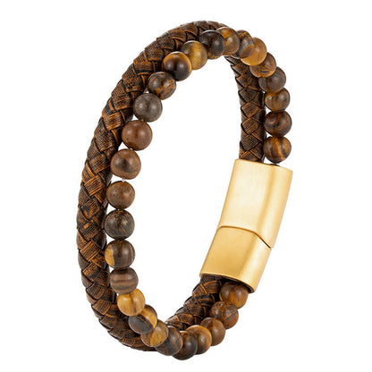 Satori Totem Multi-layer Woven Tiger Eye Stone Beads Leather Titanium Steel Strength Buckle Bracelet