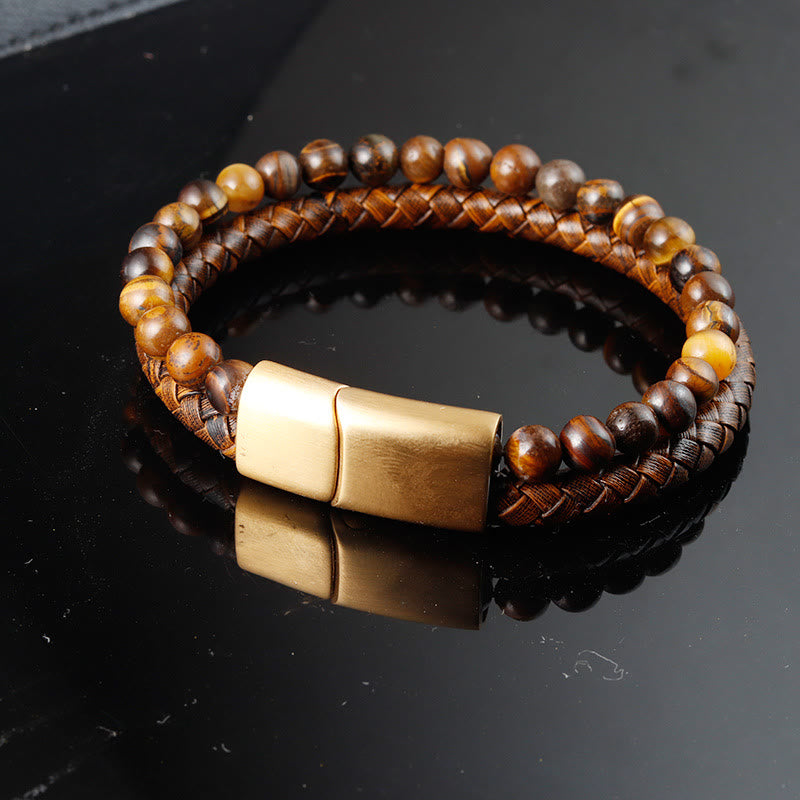 Satori Totem Multi-layer Woven Tiger Eye Stone Beads Leather Titanium Steel Strength Buckle Bracelet