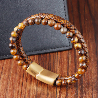 Satori Totem Multi-layer Woven Tiger Eye Stone Beads Leather Titanium Steel Strength Buckle Bracelet