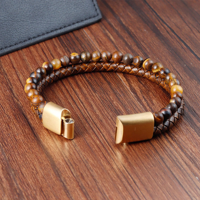 Satori Totem Multi-layer Woven Tiger Eye Stone Beads Leather Titanium Steel Strength Buckle Bracelet
