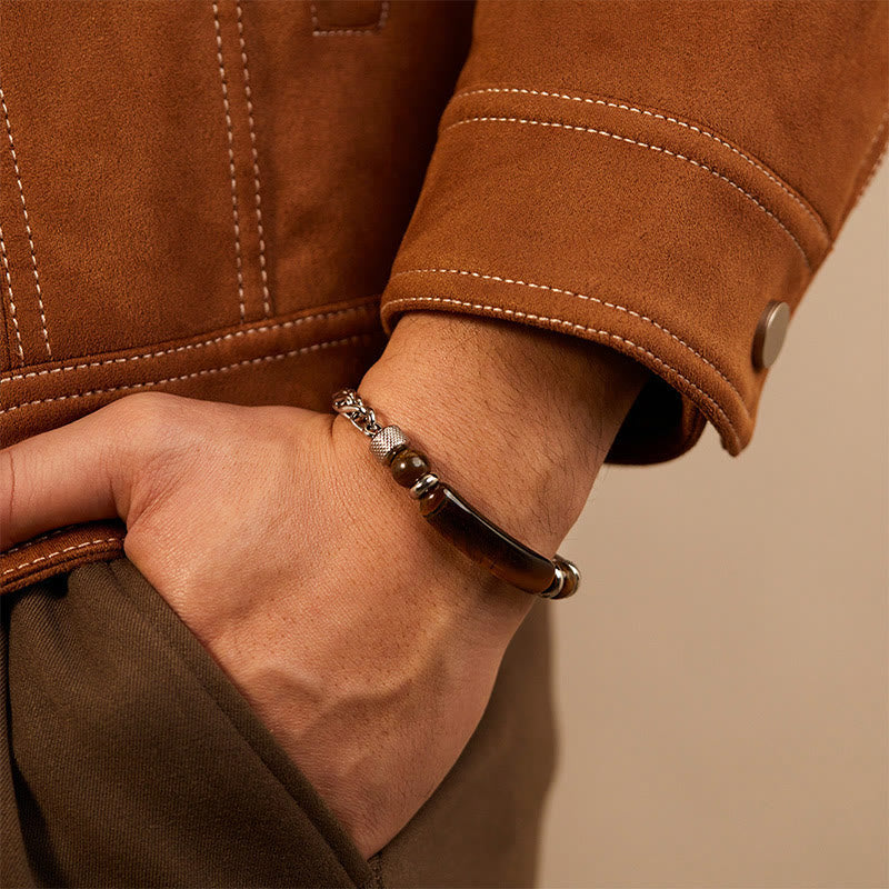 Satori Totem Tiger Eye Black Obsidian Stone Titanium Steel Strength Buckle Bracelet