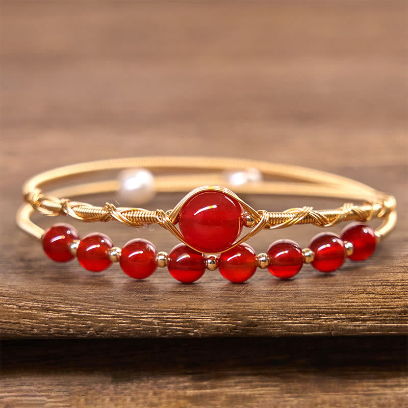 Satori Totem 14K Gold Filled Copper Natural Red Agate Beads Confidence Metal Cuff Bracelet Bangle