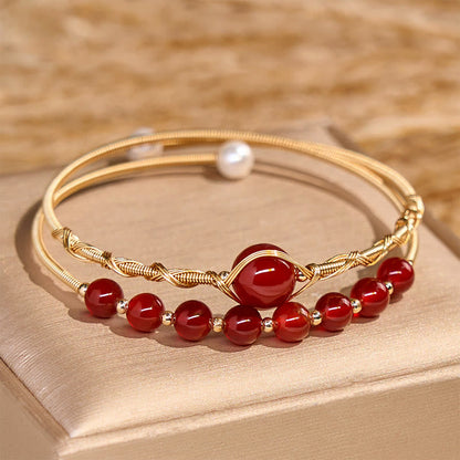 Satori Totem 14K Gold Filled Copper Natural Red Agate Beads Confidence Metal Cuff Bracelet Bangle