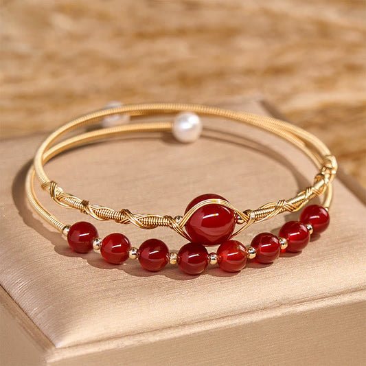 Satori Totem 14K Gold Filled Copper Natural Red Agate Beads Confidence Metal Cuff Bracelet Bangle